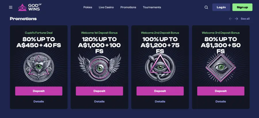God of Wins casino overview welcome bonus A$4500 breakdown God of Wins casino overview welcome bonus A$4500 breakdown