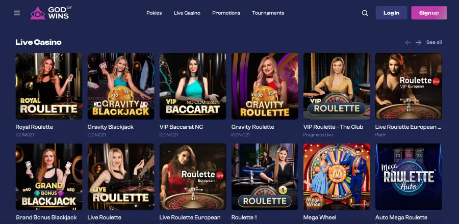 God of Wins live casino section God of Wins live casino section