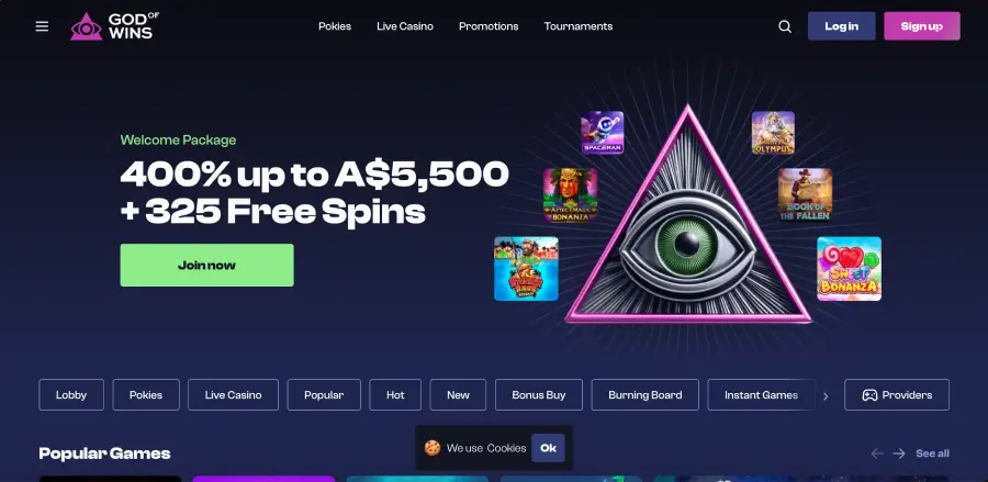 God of Wins casino Australia homepage interface in AUD God of Wins casino Australia homepage interface in AUD