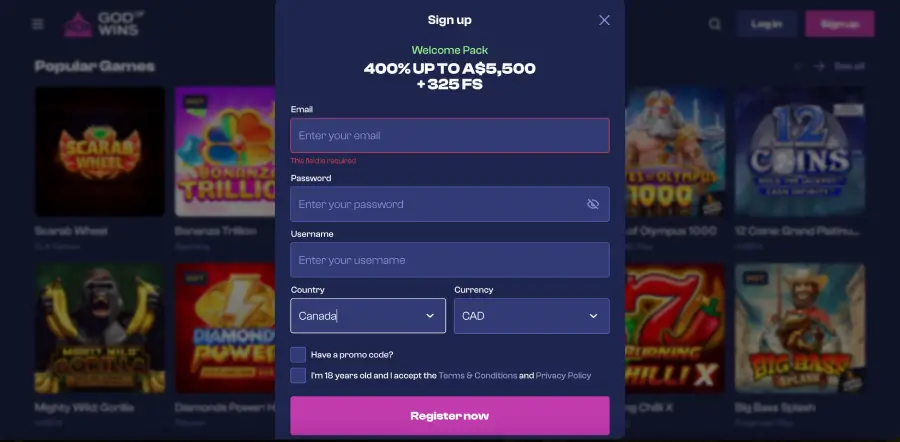 God of Wins Casino login Australia